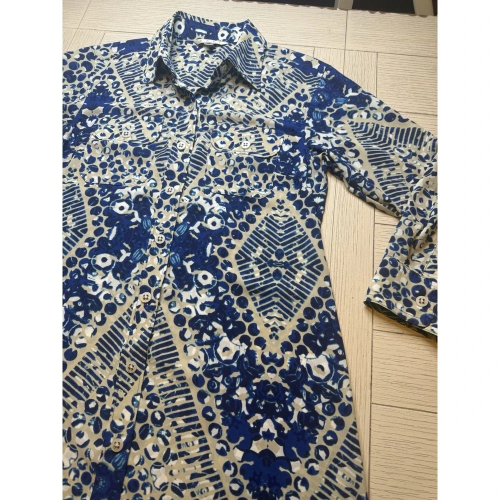 Cabi Royal Blue & White Jewel Button Down Women's Poly Knee Length Shirt Dress S